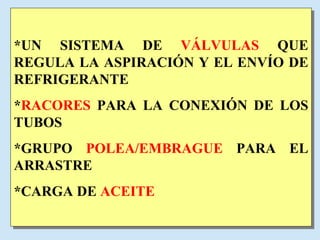 *UN SISTEMA DE  VÁLVULAS  QUE REGULA LA ASPIRACIÓN Y EL ENVÍO DE REFRIGERANTE * RACORES  PARA LA CONEXIÓN DE LOS TUBOS *GRUPO  POLEA/EMBRAGUE  PARA EL ARRASTRE *CARGA DE  ACEITE 