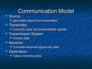 Communication Model



Source




Transmitter




Carries data

Receiver




Converts data into transmittable signals

Transmission System




generates data to be transmitted

Converts received signal into data

Destination


Takes incoming data

 