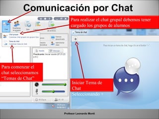 Comunicación por Chat
Profesor Leonardo Monti
Para realizar el chat grupal debemos tener
cargado los grupos de alumnos
Para comenzar el
chat seleccionamos
“Temas de Chat”
Iniciar Tema de
Chat
Seleccionando +
 