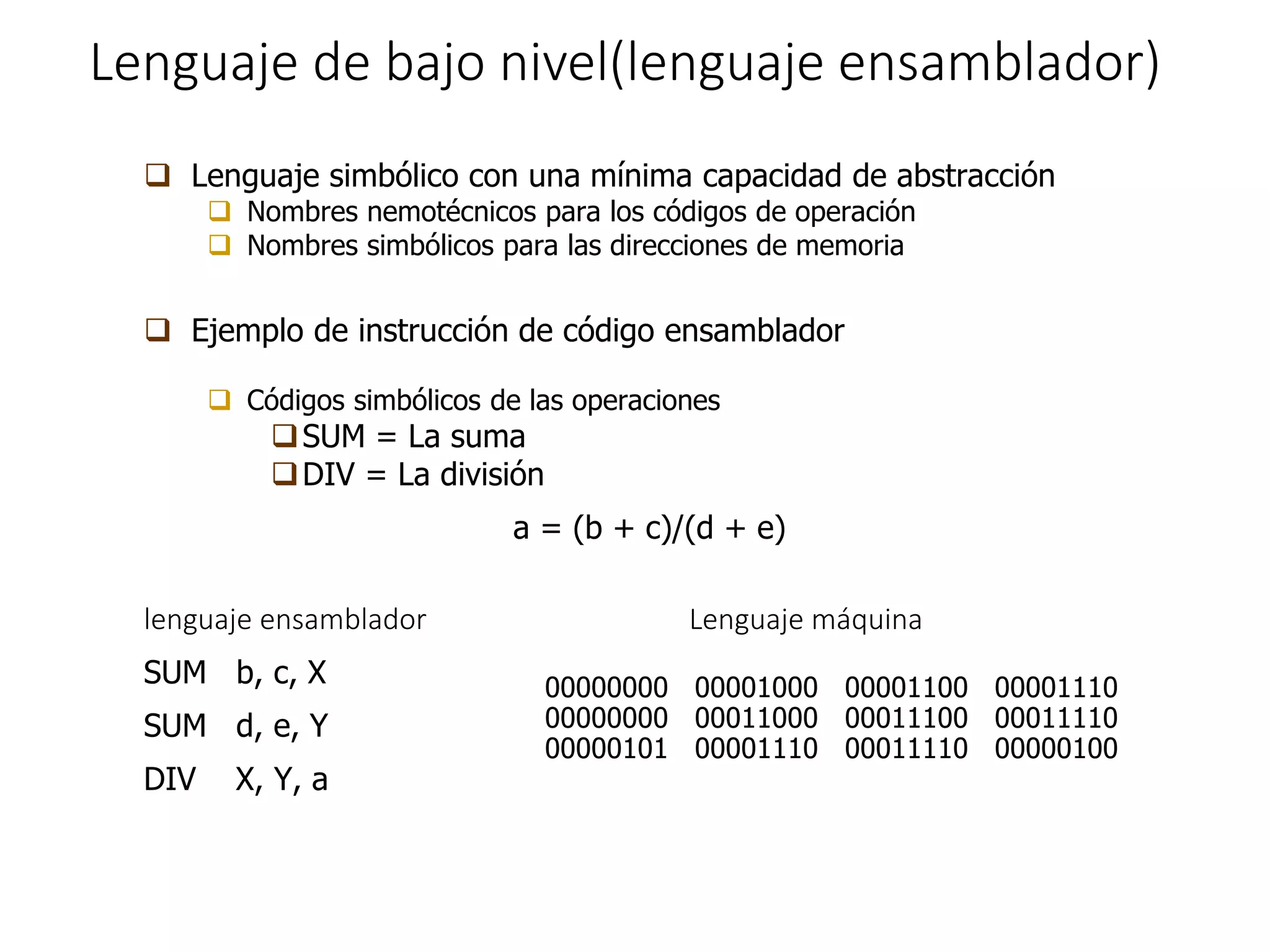 Lenguaje de bajo nivel(lenguaje ensamblador)
 Lenguaje simbólico con una mínima capacidad de abstracción
 Nombres nemotécnicos para los códigos de operación
 Nombres simbólicos para las direcciones de memoria
 Ejemplo de instrucción de código ensamblador
 Códigos simbólicos de las operaciones
SUM = La suma
DIV = La división
a = (b + c)/(d + e)
lenguaje ensamblador Lenguaje máquina
SUM b, c, X
SUM d, e, Y
DIV X, Y, a
00000000 00001000 00001100 00001110
00000000 00011000 00011100 00011110
00000101 00001110 00011110 00000100
 