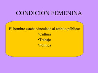 CONDICIÓN FEMENINA
El hombre estaba vinculado al ámbito público:
•Cultura
•Trabajo
•Política
 