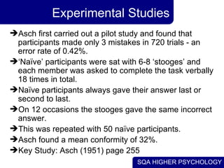 Experimental Studies Asch first carried out a pilot study and found that participants made only 3 mistakes in 720 trials - an error rate of 0.42%. ‘ Naïve’ participants were sat with 6-8 ‘stooges’ and each member was asked to complete the task verbally 18 times in total. Naïve participants always gave their answer last or second to last. On 12 occasions the stooges gave the same incorrect answer. This was repeated with 50 naïve participants. Asch found a mean conformity of 32%. Key Study: Asch (1951) page 255 