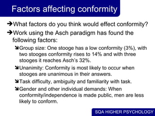 Factors affecting conformity What factors do you think would effect conformity? Work using the Asch paradigm has found the following factors: Group size: One stooge has a low conformity (3%), with two stooges conformity rises to 14% and with three stooges it reaches Asch’s 32%. Unanimity: Conformity is most likely to occur when stooges are unanimous in their answers. Task difficulty, ambiguity and familiarity with task. Gender and other individual demands: When conformity/independence is made public, men are less likely to conform. 