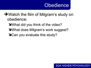 Obedience Watch the film of Milgram’s study on obedience: What did you think of the video? What does Milgram’s work suggest? Can you evaluate this study? 