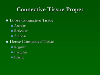 Connective Tissue Proper
 Loose Connective Tissue
 Areolar
 Reticular
 Adipose
 Dense Connective Tissue
 Regular
 Irregular
 Elastic
 