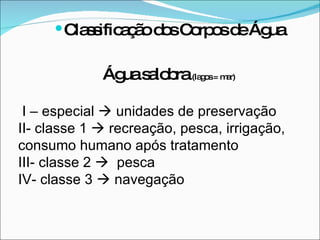 Classificação dos Corpos de Água Água salobra  (lagos = mar) I – especial    unidades de preservação II- classe 1    recreação, pesca, irrigação, consumo humano após tratamento III- classe 2     pesca  IV- classe 3    navegação 