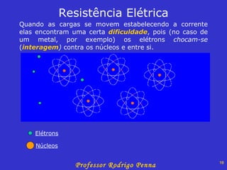 Resistência Elétrica Quando as cargas se movem estabelecendo a corrente elas encontram uma certa  dificuldade , pois (no caso de um metal, por exemplo) os elétrons  chocam-se  ( interagem )  contra os núcleos e entre si. Elétrons Núcleos 