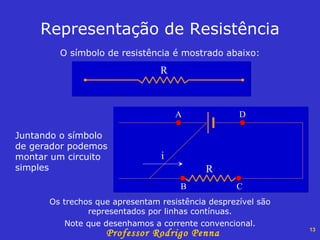 O símbolo de resistência é mostrado abaixo: Representação de Resistência Os trechos que apresentam resistência desprezível são representados por linhas contínuas. Note que desenhamos a corrente convencional. R R i A C B D Juntando o símbolo de gerador podemos montar um circuito simples 