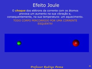 Efeito Joule O  choque  dos elétrons da corrente com os átomos provoca um aumento na sua vibração e, consequentemente, na sua temperatura: um aquecimento.  TODO CORPO PERCORRIDO POR UMA CORRENTE ESQUENTA! 