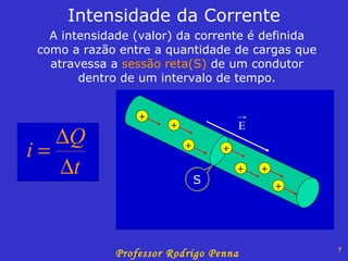 Intensidade da Corrente A intensidade (valor) da corrente é definida como a razão entre a quantidade de cargas que atravessa a  sessão reta(S)  de um condutor dentro de um intervalo de tempo. E + + + + + + + S 
