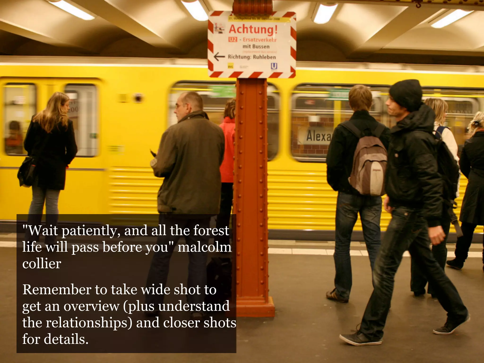 "Wait patiently, and all the forest
life will pass before you" malcolm
collier
Remember to take wide shot to
get an overview (plus understand
the relationships) and closer shots
for details.
 