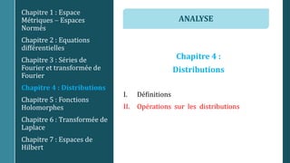 Chapitre 4 :
Distributions
I. Définitions
II. Opérations sur les distributions
Chapitre 1 : Espace
Métriques  Espaces
Normés
Chapitre 2 : Equations
différentielles
Chapitre 3 : Séries de
Fourier et transformée de
Fourier
Chapitre 4 : Distributions
Chapitre 5 : Fonctions
Holomorphes
Chapitre 6 : Transformée de
Laplace
Chapitre 7 : Espaces de
Hilbert
ANALYSE
 