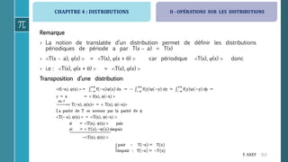 CHAPITRE 4 : DISTRIBUTIONS
113F. AKEF
Remarque
› La notion de translatée d’un distribution permet de définir les distributions
périodiques de période a par T(x  a) = T(x)
› T(x  a), (x)  = T(x), (x + )  car périodique T(x), (x)  donc
› i.e : T(x), (x + )  = T(x), (x) 
Transposition d’une distribution
II - OPÉRATIONS SUR LES DISTRIBUTIONS
 