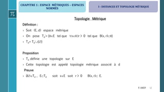 CHAPITRE 1 : ESPACE MÉTRIQUES  ESPACES
NORMÉS
12F. AKEF
Topologie Métrique
Définition :
› Soit (E, d) espace métrique
› On pose Td
= {E tel que xr > 0 tel que B(x, r)}
› Td= Td
{}
Proposition
› Td définie une topologie sur E
› Cette topologie est appelé topologie métrique associé à d
Preuve
› i)Td , ETd soit xE soit r > 0 B(x, r) E.
I - DISTANCES ET TOPOLOGIE MÉTRIQUE
 