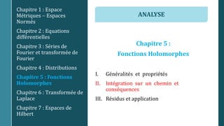 Chapitre 5 :
Fonctions Holomorphes
I. Généralités et propriétés
II. Intégration sur un chemin et
conséquences
III. Résidus et application
Chapitre 1 : Espace
Métriques  Espaces
Normés
Chapitre 2 : Equations
différentielles
Chapitre 3 : Séries de
Fourier et transformée de
Fourier
Chapitre 4 : Distributions
Chapitre 5 : Fonctions
Holomorphes
Chapitre 6 : Transformée de
Laplace
Chapitre 7 : Espaces de
Hilbert
ANALYSE
 