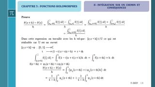 CHAPITRE 5 : FONCTIONS HOLOMORPHES
136F. AKEF
II - INTÉGRATION SUR UN CHEMIN ET
CONSÉQUENCES
 