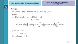 CHAPITRE 5 : FONCTIONS HOLOMORPHES
143F. AKEF
Remarque
› Si zoExt (Ext : extérieur de ) alors I(, zo) = 0
Exemples
›  = C(0, r) simple  :  [0, 2} ℂ
t r eit
› : [0, 8] ℂ
› T  r eit
› On vérifie que I(, 0) = 4
II - INTÉGRATION SUR UN CHEMIN ET
CONSÉQUENCES
 
