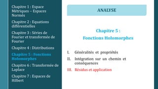 Chapitre 5 :
Fonctions Holomorphes
I. Généralités et propriétés
II. Intégration sur un chemin et
conséquences
III. Résidus et application
Chapitre 1 : Espace
Métriques  Espaces
Normés
Chapitre 2 : Equations
différentielles
Chapitre 3 : Séries de
Fourier et transformée de
Fourier
Chapitre 4 : Distributions
Chapitre 5 : Fonctions
Holomorphes
Chapitre 6 : Transformée de
Laplace
Chapitre 7 : Espaces de
Hilbert
ANALYSE
 