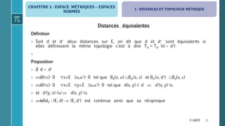 CHAPITRE 1 : ESPACE MÉTRIQUES  ESPACES
NORMÉS
16F. AKEF
Distances équivalentes
Définition
› Soit d et d deux distances sur E, on dit que d et d sont équivalents si
elles définissent la même topologie c’est à dire Td = Td (d  d)
›
Proposition
› i) d  d
› ii)> 0 xE ,> 0 tel que Bd(x, ) Bd(x, ) et Bd(x, d) Bd(x, )
› ii)> 0 xE yE ,> 0 tel que d(x, y) < d  d(x, y) <
› et d(y, x) < d(x, y) <
› iv)idE : (E, d)  (E, d) est continue ainsi que sa réciproque
I - DISTANCES ET TOPOLOGIE MÉTRIQUE
 