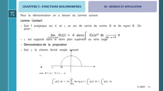 CHAPITRE 5 : FONCTIONS HOLOMORPHES
161F. AKEF
III - RÉSIDUS ET APPLICATION
Pour la démonstration on a besoin du Lemme suivant
Lemme (Jordan)
› Soit f analytique sur ℂ et  un arc de cercle de centre O et de rayon R. On
pose :
›  est supposé dans le demi plan supérieur au sens large
› Démonstration de la proposition
› Soit  le chemin fermé simple suivant
 