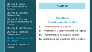 Chapitre 6 :
Transformée de Laplace
I. Transformation de Laplace
II. Propriété de la transformation de Laplace
III. Transformation de Laplace inverse
IV. Application aux équations différentielles
Chapitre 1 : Espace
Métriques  Espaces
Normés
Chapitre 2 : Equations
différentielles
Chapitre 3 : Séries de
Fourier et transformée de
Fourier
Chapitre 4 : Distributions
Chapitre 5 : Fonctions
Holomorphes
Chapitre 6 : Transformée
de Laplace
Chapitre 7 : Espaces de
Hilbert
ANALYSE
 