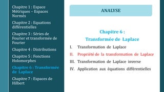 Chapitre 6 :
Transformée de Laplace
I. Transformation de Laplace
II. Propriété de la transformation de Laplace
III. Transformation de Laplace inverse
IV. Application aux équations différentielles
Chapitre 1 : Espace
Métriques  Espaces
Normés
Chapitre 2 : Equations
différentielles
Chapitre 3 : Séries de
Fourier et transformée de
Fourier
Chapitre 4 : Distributions
Chapitre 5 : Fonctions
Holomorphes
Chapitre 6 : Transformée
de Laplace
Chapitre 7 : Espaces de
Hilbert
ANALYSE
 