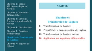 Chapitre 6 :
Transformée de Laplace
I. Transformation de Laplace
II. Propriété de la transformation de Laplace
III. Transformation de Laplace inverse
IV. Application aux équations différentielles
Chapitre 1 : Espace
Métriques  Espaces
Normés
Chapitre 2 : Equations
différentielles
Chapitre 3 : Séries de
Fourier et transformée de
Fourier
Chapitre 4 : Distributions
Chapitre 5 : Fonctions
Holomorphes
Chapitre 6 : Transformée
de Laplace
Chapitre 7 : Espaces de
Hilbert
ANALYSE
 