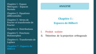 Chapitre 1 :
Espaces de Hilbert
I. Produit scalaire
II. Théorème de la projection orthogonale
Chapitre 1 : Espace
Métriques  Espaces
Normés
Chapitre 2 : Equations
différentielles
Chapitre 3 : Séries de
Fourier et transformée de
Fourier
Chapitre 4 : Distributions
Chapitre 5 : Fonctions
Holomorphes
Chapitre 6 : Transformée de
Laplace
Chapitre 7 : Espaces de
Hilbert
ANALYSE
 