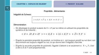 CHAPITRE 1 : ESPACES DE HILBERT
198F. AKEF
Propriétés élémentaires
Inégalité de Schwarz
Démonstration
› On développe le produit scalaire de X + Y par lui-même en utilisant les propriétés de
symétrie et de linéarité :
› D’après la première propriété de positivé, ce trinôme en  est toujours positif ou nul donc son
discriminant est toujours négatif ou nul, ce qui donne bien l’inégalité cherchée
› D’après la seconde propriété de positivité, l’égalité s’obtient si et seulement si X = 0 Y, c’est-
à-dire si X et Y sont proportionnels
I - PRODUIT SCALAIRE
 