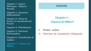 Chapitre 1 :
Espaces de Hilbert
I. Produit scalaire
II. Théorème de la projection orthogonale
Chapitre 1 : Espace
Métriques  Espaces
Normés
Chapitre 2 : Equations
différentielles
Chapitre 3 : Séries de
Fourier et transformée de
Fourier
Chapitre 4 : Distributions
Chapitre 5 : Fonctions
Holomorphes
Chapitre 6 : Transformée de
Laplace
Chapitre 7 : Espaces de
Hilbert
ANALYSE
 