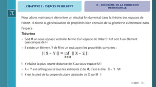 CHAPITRE 1 : ESPACES DE HILBERT
203F. AKEF
Nous allons maintenant démontrer un résultat fondamental dans la théorie des espaces de
Hilbert. Il donne la généralisation de propriétés bien connues de la géométrie élémentaire dans
l’espace
Théorème
› Soit M un sous-espace vectoriel fermé d’un espace de Hilbert H et soit X un élément
quelconque de H
› Il existe un élément Y de M et un seul ayant les propriétés suivantes :
( Y réalise la plus courte distance de X au sous-espace M )
› X – Y est orthogonal à tous les éléments Z de M, c’est-à-dire X – Y M
( Y est le pied de la perpendiculaire abaissée de X sur M )
II - THÉORÈME DE LA PROJECTION
ORTHOGONALE
 