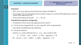 CHAPITRE 1 : ESPACES DE HILBERT
208F. AKEF
Proposition
› Si M est un sous-espace vectoriel fermé de l’espace de Hilbert H
› Tout vecteur X de H se décompose d’une manière unique en un vecteur P(X) appartenant à M et un
vecteur Q(X) appartenant à M
› H est somme directe de M et M : H = M + M
Propriétés des projections orthogonales
› Considérons P et Q comme des applications de H dans H
a) P et Q ont pour image M et M et pour noyau M et M respectivement
› Cela résulte immédiatement des définitions
b) P et Q sont linéaires
› Soient X1 et X2deux éléments de H, 1 et 2 deux nombres réels
V = P (1X1+ 2X2) 1P(X1) 2 P(X2) appartient à M
› W = Q (1X1+ 2X2) 1Q(X1) 2 Q(X2) appartient à M
II - THÉORÈME DE LA PROJECTION
ORTHOGONALE
 