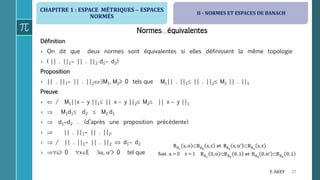 CHAPITRE 1 : ESPACE MÉTRIQUES  ESPACES
NORMÉS
27F. AKEF
Normes équivalentes
Définition
› On dit que deux normes sont équivalentes si elles définissent la même topologie
› ( || . ||1 || . ||2 d1 d2)
Proposition
› || . ||1 || . ||2M1, M2> 0 tels que M1|| . ||1 || . ||2 M2 || . ||1
Preuve
›  / M1||x  y ||1 || x  y ||2 M2 || x  y ||1
›  M1d1 d2  M2 d1
›  d1d2 . (d’après une proposition précédente)
›  || . ||1 || . ||2.
›  / || . ||1 || . ||2  d1 d2
› > 0 xE , > 0 tel que
II - NORMES ET ESPACES DE BANACH
 