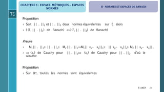 CHAPITRE 1 : ESPACE MÉTRIQUES  ESPACES
NORMÉS
28F. AKEF
Proposition
› Soit || . ||1 et || . ||2 deux normes équivalentes sur E alors
› ( (E, || . ||1) de Banach) ( (F, || . ||2) de Banach)
Preuve
› M1|| . ||1 || . || M2 || . ||1M1|| xp xq||1 || xp xq|| M2 || xp xq||1
›  (xn) de Cauchy pour || . ||1 (xn) de Cauchy pour || . ||2 d’où le
résultat
Proposition
› Sur ℝn, toutes les normes sont équivalentes
II - NORMES ET ESPACES DE BANACH
 