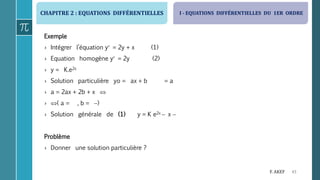 CHAPITRE 2 : EQUATIONS DIFFÉRENTIELLES
43F. AKEF
Exemple
› Intégrer l’équation y = 2y + x (1)
› Equation homogène y = 2y (2)
› y = K.e2x
› Solution particulière yo = ax + b = a
› a = 2ax + 2b + x 
› ( a = , b = )
› Solution générale de (1) y = K e2x  x 
Problème
› Donner une solution particulière ?
I - EQUATIONS DIFFÉRENTIELLES DU 1ER ORDRE
 