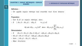 CHAPITRE 1 : ESPACE MÉTRIQUES  ESPACES
NORMÉS
6F. AKEF
Définition :
› On appelle espace métrique tout ensemble muni d’une distance
›
Proposition
› Soit (E, d) un espace métrique, alors :
› i) | d(x, z)  d(x, y) | d(y, z) x, y, zE
Démonstration
› i) d(x, z)  d(x, y) + d(y, z) d(y, z) d(x, z)  d(x, y)  d(y, z).
› d(x, y)  d(x, z) + d(z, y) d(x, y)  d(x, z)  d(z, y)
› donc | d(x, y)  d(x, z) | d(y, z) .
› ii)par récurrence
I - DISTANCES ET TOPOLOGIE MÉTRIQUE
 