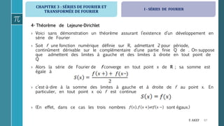 CHAPITRE 3 : SÉRIES DE FOURIER ET
TRANSFORMÉE DE FOURIER
67F. AKEF
4- Théorème de Lejeune-Dirichlet
› Voici sans démonstration un théorème assurant l’existence d’un développement en
série de Fourier
› Soit f une fonction numérique définie sur R, admettant 2 pour période,
continûment dérivable sur le complémentaire d’une partie finie Q de . On suppose
que admettent des limites à gauche et des limites à droite en tout point de
Q
› Alors la série de Fourier de f converge en tout point x de R ; sa somme est
égale à
› c’est-à-dire à la somme des limites à gauche et à droite de f au point x. En
particulier, en tout point x où f est continue
› (En effet, dans ce cas les trois nombres sont égaux.)
I - SÉRIES DE FOURIER
 