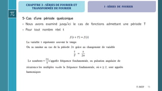 CHAPITRE 3 : SÉRIES DE FOURIER ET
TRANSFORMÉE DE FOURIER
70F. AKEF
5- Cas d’une période quelconque
› Nous avons examiné jusqu’ici le cas de fonctions admettant une période T
› Pour tout nombre réel t
I - SÉRIES DE FOURIER
 