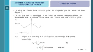 CHAPITRE 3 : SÉRIES DE FOURIER ET
TRANSFORMÉE DE FOURIER
73F. AKEF
› La série de Fourier d’une fonction paire ne comporte pas de terme en sinus
(Figure 2)
› On dit que l’on a développe f en série de cosinus. (Réciproquement, on
remarquera que la somme d’une série de cosinus est une fonction paire.)
I - SÉRIES DE FOURIER
 