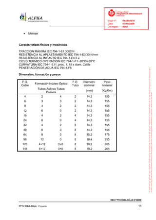 Visat nº:    P02904970
                                                                            Data:        07/10/2009
                          ______________________________________________________________________________
                                                                            Col·legiat:  9083

   •     Metraje


Características físicas y mecánicas

TRACCIÓN MÁXIMA IEC 794-1-E1 3000 N
RESISTENCIA AL APLASTAMIENTO IEC 794-1-E3 30 N/mm
RESISTENCIA AL IMPACTO IEC 794-1-E4 5 J.
CICLO TERMICO OPERACION IEC 794-1-F1 -20°C/+60°C
CURVATURA IEC 794-1-E11, proc. 1. 15 x diam. Cable
PENETRACIÓN DE AGUA IEC 794-1-F5

Dimensión, formación y pesos

 F.O.                                        F.O.      Diámetro         Peso
             Formación Núcleo Óptico
 Cable                                       Tubo      nominal         nominal
               Tubos Activos Tubos
                                                         (mm)         (Kg/Km)
                     Pasivos
    4               2             4            2         14,3            155
    6               3             3            2         14,3            155
    8               4             2            2         14,3            155
   12               6             0            2         14,3            155
   16               4             2            4         14,3            155
   24               6             0            4         14,3            155
   32               4             2            8         14,3            155
   48               6             0            8         14,3            155
   64               8             0            8         15,2            175
   96               12            0            8         18,4            255
   128             4+12          2+0           8         19,2            265
   144             6+12          0+0           8         19,2            265




                                                                               RED FTTH RIBA-ROJA D’EBRE

FTTH RIBA-ROJA Proyecto                                                                               11
 