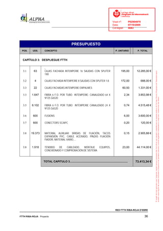Visat nº:    P02904970
                                                                            Data:        07/10/2009
                          ______________________________________________________________________________
                                                                            Col·legiat:  9083




                                                PRESUPUESTO
 POS.     UDS.     CONCEPTO                                                                     P. UNITARIO       P. TOTAL



  CAPÍTULO 3: DESPLIEGUE FTTH



  3.1      63      CAJAS FACHADA INTEMPERIE 16 SALIDAS CON SPLITER                                    195,00     12.285,00 €
                   1X8

  3.2      4       CAJAS FACHADA INTEMPERIE 8 SALIDAS CON SPLITER 1:8                                 172,00        688,00 €

  3.3      22      CAJAS FACHADAS INTEMPERIE EMPALMES                                                   60,50      1.331,00 €

  3.3    1.647     FIBRA 6 F.O. POR TUBO INTEMPERIE- CANALIZADO 64 X                                      2,34     3.853,98 €
                   9/125 G652D

  3.5    6.102     FIBRA 6 F.O. POR TUBO INTEMPERIE CANALIZADO 24 X                                       0,74     4.515,48 €
                   9/125 G652D

  3.6     600      FUSIONS                                                                                6,00     3.600,00 €

  3.7     600      CONECTORS SC/APC                                                                       0,20      120,00 €


  3.8    19.373    MATERIAL AUXILIAR: BRIDAS DE FIJACIÓN, TACOS                                           0,15     2.905,88 €
                   EXPANSIÓN PVC, CABLE ACERADO, PINZAS FIJACIÓN
                   FIADOR, MATERIAL VARIO,…

  3.8    1.918     TENDIDO   DE    CABLEADO,  MONTAJE    EQUIPOS,                                       23,00    44.114,00 €
                   CONEXIONADO Y COMPROBACIÓN DE SISTEMA



                  TOTAL CAPITULO 3............................................................................   73.413,34 €




                                                                                                RED FTTH RIBA-ROJA D’EBRE

FTTH RIBA-ROJA Proyecto                                                                                                36
 