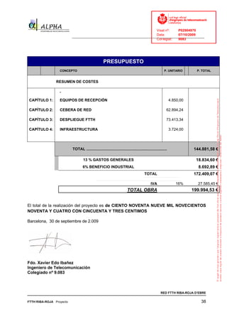 Visat nº:    P02904970
                                                                                       Data:        07/10/2009
                                     ______________________________________________________________________________
                                                                                       Col·legiat:  9083




                                                                PRESUPUESTO
                            CONCEPTO                                                                                 P. UNITARIO        P. TOTAL


                          RESUMEN DE COSTES



      CAPÍTULO 1:           EQUIPOS DE RECEPCIÓN                                                                           4.850,00

      CAPÍTULO 2:           CEBERA DE RED                                                                              62.894,24

      CAPÍTULO 3:           DESPLIEGUE FTTH                                                                            73.413,34

      CAPÍTULO 4:           INFRAESTRUCTURA                                                                                3.724,00




                                      TOTAL ............................................................................               144.881,58 €

                                                13 % GASTOS GENERALES                                                                   18.834,60 €
                                                6% BENEFICIO INDUSTRIAL                                                                  8.692,89 €
                                                                                                    TOTAL                              172.409,07 €

                                                                                                         IVA                  16%        27.585,45 €
                                                                                     TOTAL OBRA                                       199.994,53 €


     El total de la realización del proyecto es de CIENTO NOVENTA NUEVE MIL NOVECIENTOS
     NOVENTA Y CUATRO CON CINCUENTA Y TRES CENTIMOS

     Barcelona, 30 de septiembre de 2.009




     Fdo. Xavier Edo Ibañez
     Ingeniero de Telecomunicación
     Colegiado nº 9.083



                                                                                                                  RED FTTH RIBA-ROJA D’EBRE

    FTTH RIBA-ROJA Proyecto
Signature Not Verified                                                                                                                    38
Signat digitalment per Perfil del contractant
Data: 2010.03.31 12:39:15 CEST
Reason: Aprovant la publicaciï¿½ del document
Location: Tarragona
 