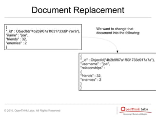 © 2010, OpenThink Labs. All Rights Reserved
Document Replacement
{
"_id" : ObjectId("4b2b9f67a1f631733d917a7a"),
"name" : "joe",
"friends" : 32,
"enemies" : 2
}
{
"_id" : ObjectId("4b2b9f67a1f631733d917a7a"),
"username" : "joe",
"relationships" :
{
"friends" : 32,
"enemies" : 2
}
}
We want to change that
document into the following:
 