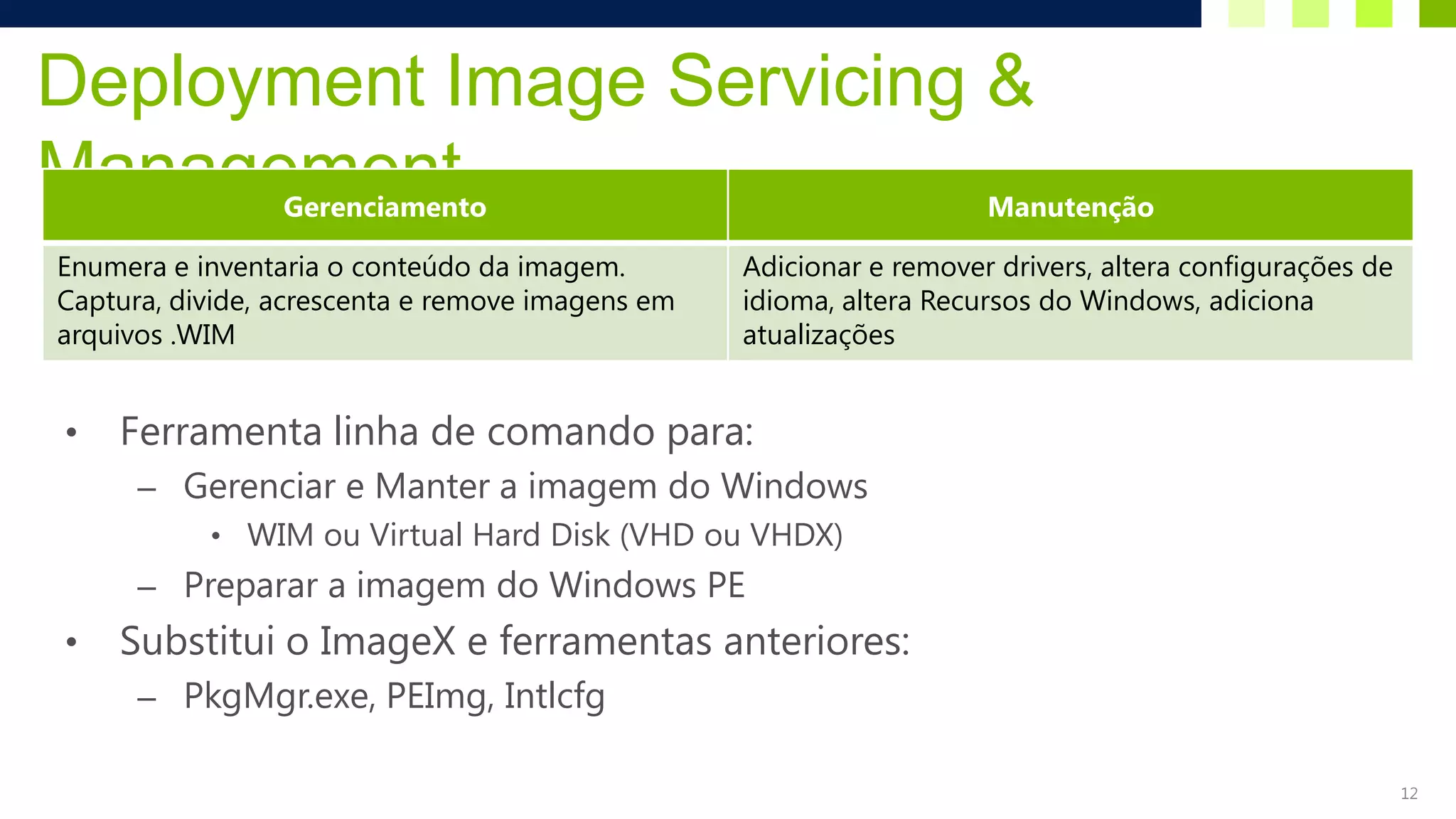 Deployment Image Servicing &
Management       Gerenciamento                                       Manutenção

Enumera e inventaria o conteúdo da imagem.        Adicionar e remover drivers, altera configurações de
Captura, divide, acrescenta e remove imagens em   idioma, altera Recursos do Windows, adiciona
arquivos .WIM                                     atualizações


•   Ferramenta linha de comando para:
      – Gerenciar e Manter a imagem do Windows
         • WIM ou Virtual Hard Disk (VHD ou VHDX)
      – Preparar a imagem do Windows PE
•   Substitui o ImageX e ferramentas anteriores:
      – PkgMgr.exe, PEImg, Intlcfg

                                                                                                         12
 