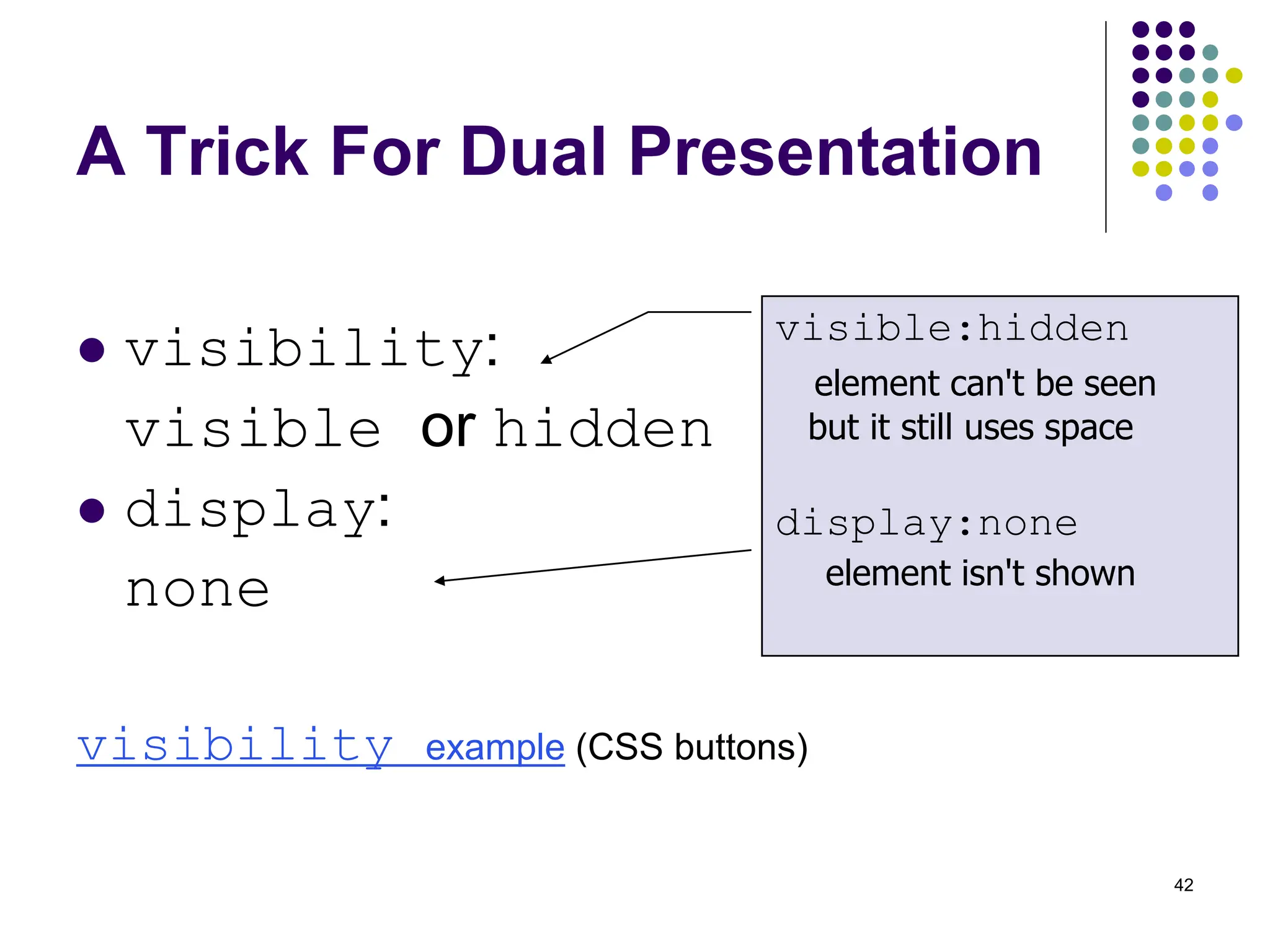 42 A Trick For Dual Presentation  visibility: visible or hidden  display: none visibility example (CSS buttons) visible:hidden element can't be seen but it still uses space display:none element isn't shown 