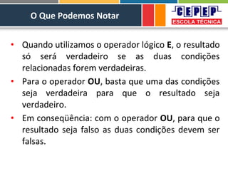 O Que Podemos Notar
• Quando utilizamos o operador lógico E, o resultado
só será verdadeiro se as duas condições
relacionadas forem verdadeiras.
• Para o operador OU, basta que uma das condições
seja verdadeira para que o resultado seja
verdadeiro.
• Em conseqüência: com o operador OU, para que o
resultado seja falso as duas condições devem ser
falsas.
 