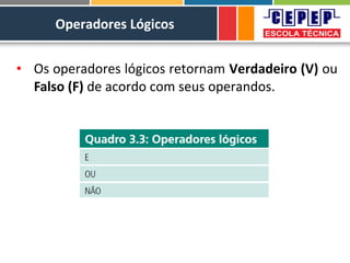 Operadores Lógicos
• Os operadores lógicos retornam Verdadeiro (V) ou
Falso (F) de acordo com seus operandos.
 