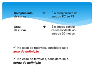 Comprimento  É o comprimento do
da curva arco do PC ao PT
Grau  É o ângulo central
da curva correspondente ao
arco de 20 metros
 No caso de rodovias, considera-se o
arco de definição
 No caso de ferrovias, considera-se a
corda de definição
 