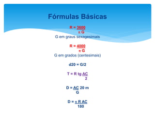 R = 3600
 G
G em graus sexagesimais
R = 4000
 G
G em grados (centesimais)
d20 = G/2
T = R tg AC
2
D = AC 20 m
G
D =  R AC
180
Fórmulas Básicas
 