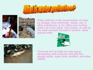 Water pollution is the contamination of water by sewage, toxic chemicals, metals, oils, or other substances. It can affect such surface waters as rivers, lakes, and oceans, as well as the water beneath the earth's surface, called ground water.  Chemical and oil spills can also cause devastating water pollution that kills fish, aquatic plants, water birds, shellfish, and other wildlife. What is water pollution? 